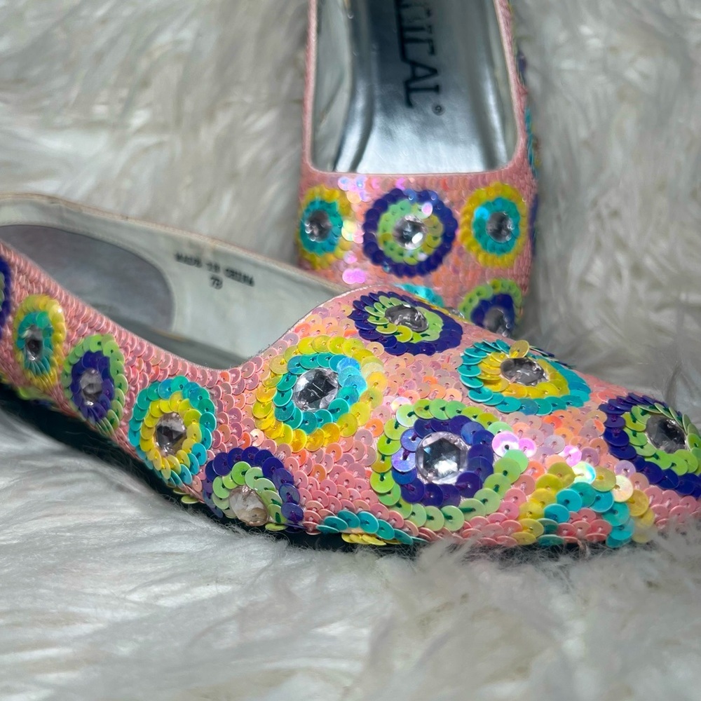 Radical Pink Blue Yellow Purple and Silver Sequined Dressy Flats - Picture 5 of 10